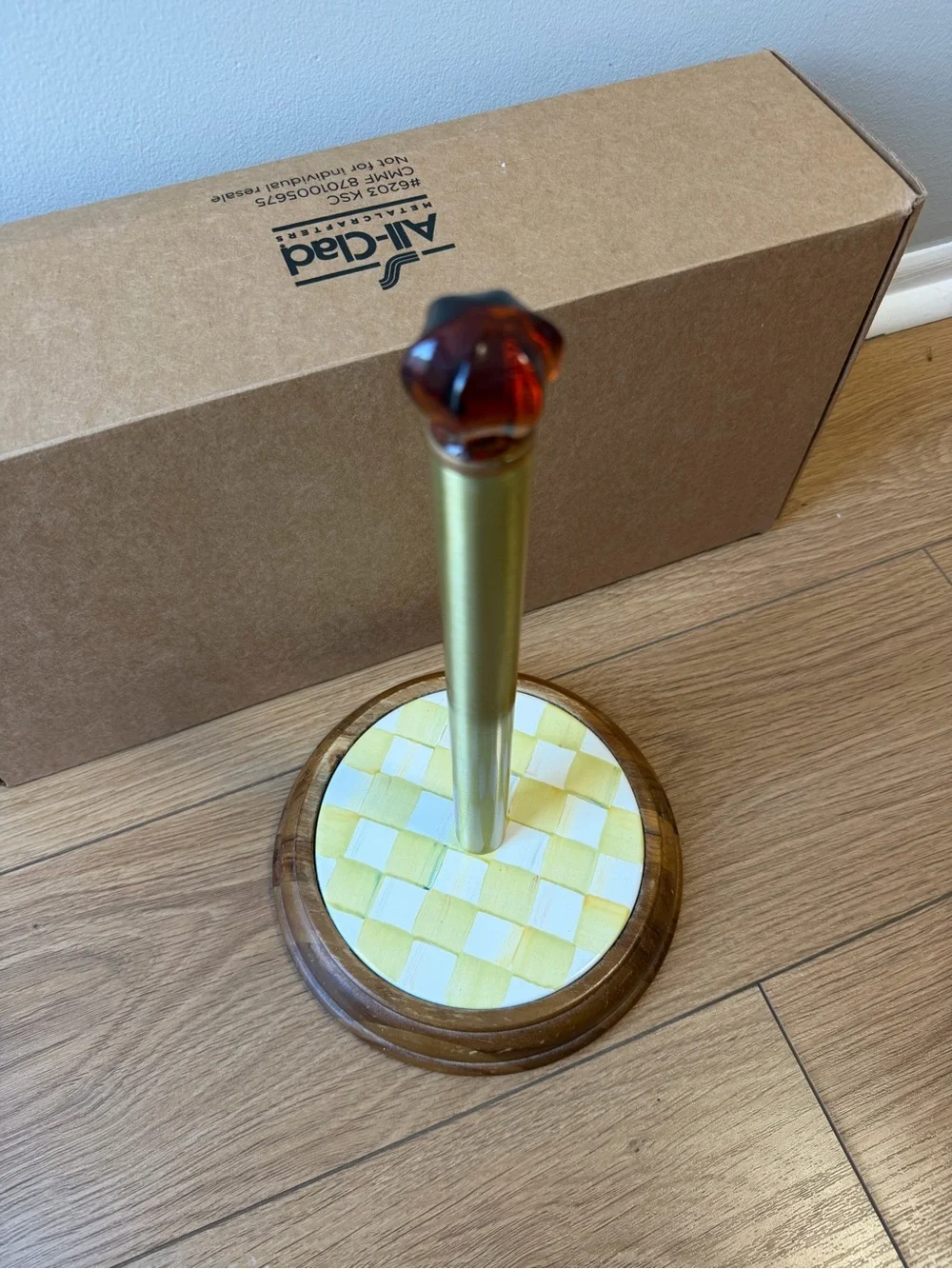 MacKenzie-Childs Parchment check Paper Towel Holder Wood Base